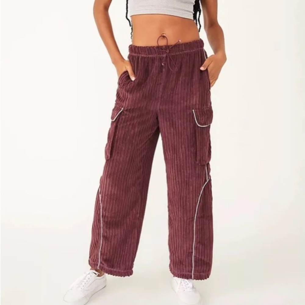 Free People Wide-Leg Corduroy Cargo Pants + Free People Deep Bodysuit